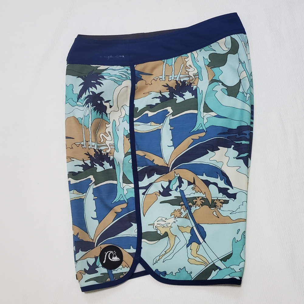Quicksilver High Line Board Shorts Blue Surfer Print 33 Waist